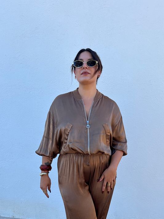 CHAQUETA BOMBER SATINADA MARRÓN