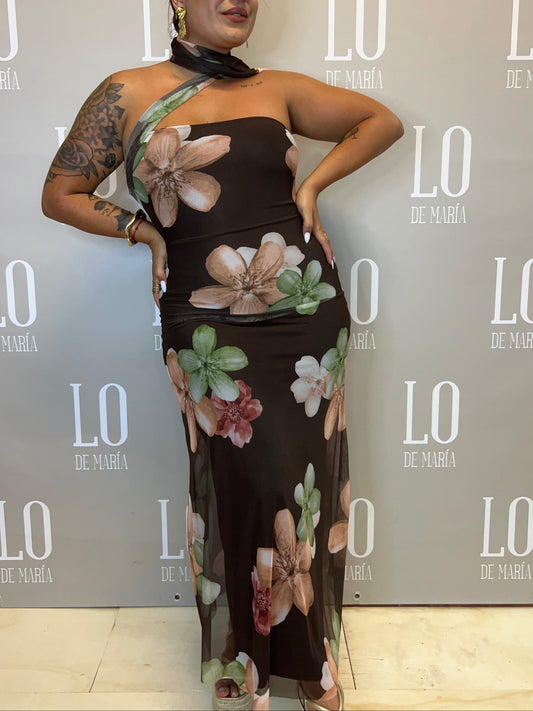 VESTIDO FLORAL LAZO MARRON