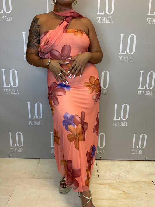 VESTIDO FLORAL LAZO NARANJA